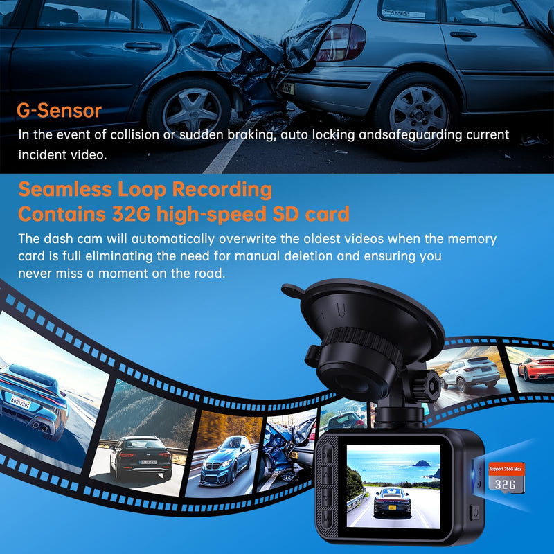 [AUSTRALIA] - Dash Cam Front and Rear, 2.5K Dual Dash Camera for Cars, 2560P Mini Car Camera, 2 inch IPS Screen, 32GB Card Included, WDR Night Vision, 24 Hours Parking Monitor, G-Sensor, Support 256 GB Max 