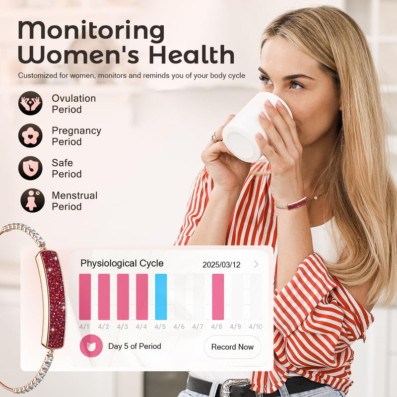 Smart Bracelet for Women with Diamonds Health Fitness Tracker | with Heart Rate HRV Sleep Monitor Sport Modes, 5ATM Waterproof Step Activity Tracker for iOS Android, The Best Gift (2 Bands) Red