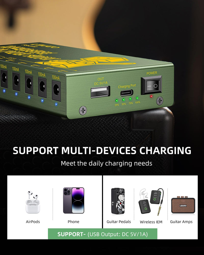 LEKATO Built-in 10000mAh Rechargeable Battery Guitar Pedal Power Supply, 10 Isolated DC Outputs, 9V 300mA, 100mA Effect Pedal Boards Power Supply, 5V/1A USB Port, Short Circuit Protection, PS-01R