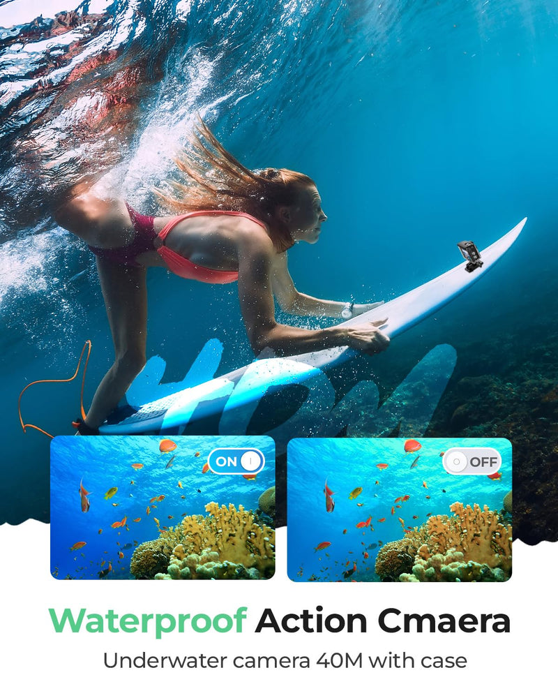 4K Action Camara Waterproof with 64G Crad- 60FPS 48MP HD WIFI Camera with EIS 40M Underwater Camera 170°Wide Angle Sports Camera with 2.4G Remote Control 2 Batteries Helmet Mount Accessories Kits