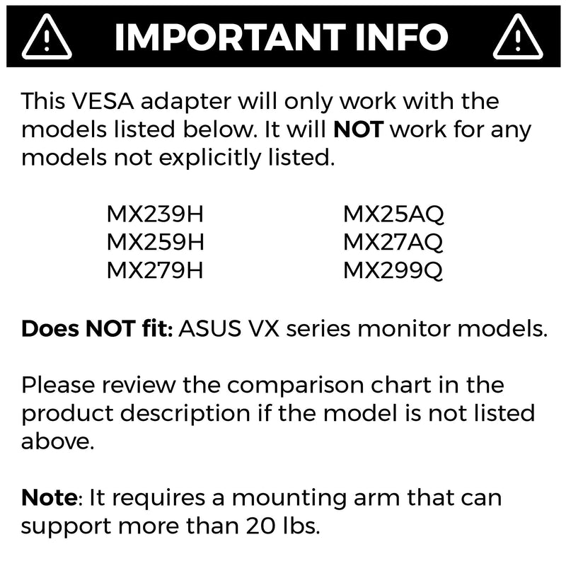 VESA Mount Adapter Compatible with Asus Monitors MX239H, MX259H, MX279H, MX299Q, MX25AQ, and MX27AQ - by HumanCentric