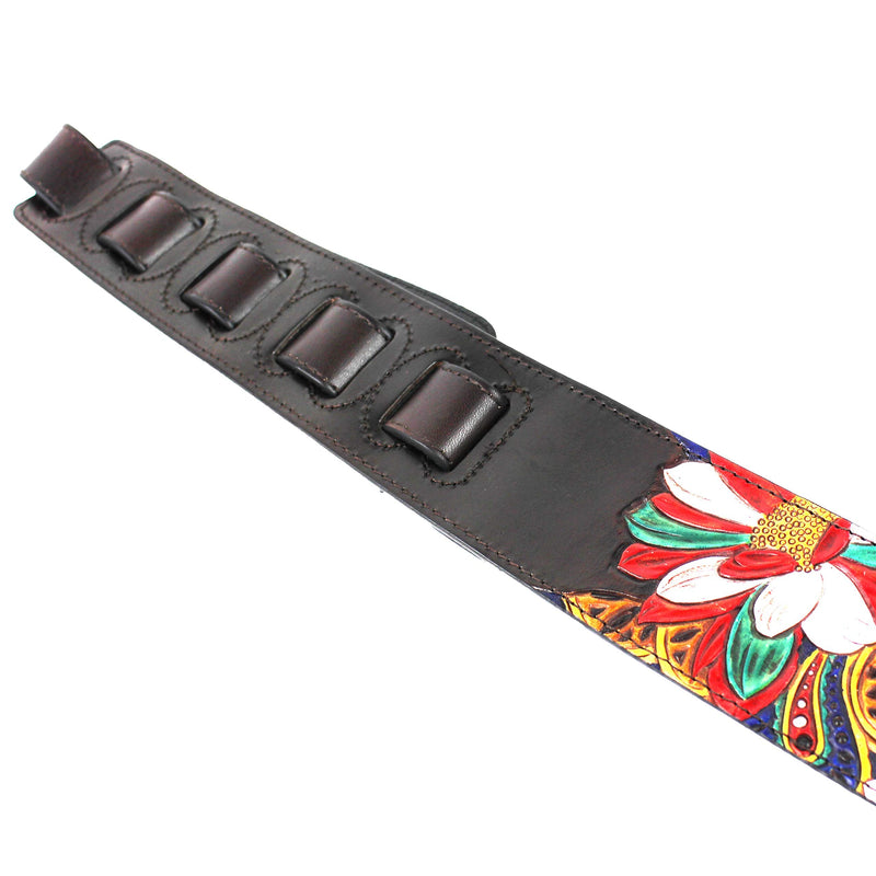 Walker And Williams LHR-20 Handmade Premium Carved Leather Guitar Strap With Carousel Red Paisley Floral Carving And Dark Brown End Caps For Acoustic, Electric, And Bass Guitars