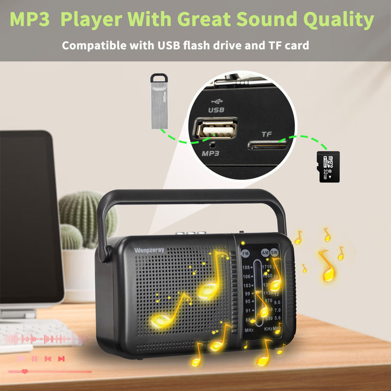 Portable AM FM Shortwave Transistor Radio, Retro Bluetooth Speaker Excellent Reception, Support TF Card/USB Play, Large Dial Battery or USB Powered Easy to Use Indoor, Outdoor, Travel & Storms