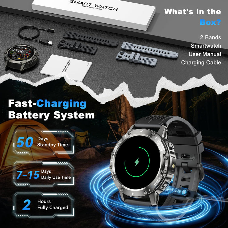 Smart Watch for Men Fitness Tracker: Bluetooth Waterproof Make Answer Call Digital Mens Watches Running Step Pedometer Smartwatch for Android Phones iPhone Samsung Compatible Sleep Heart Rate Monitor Black