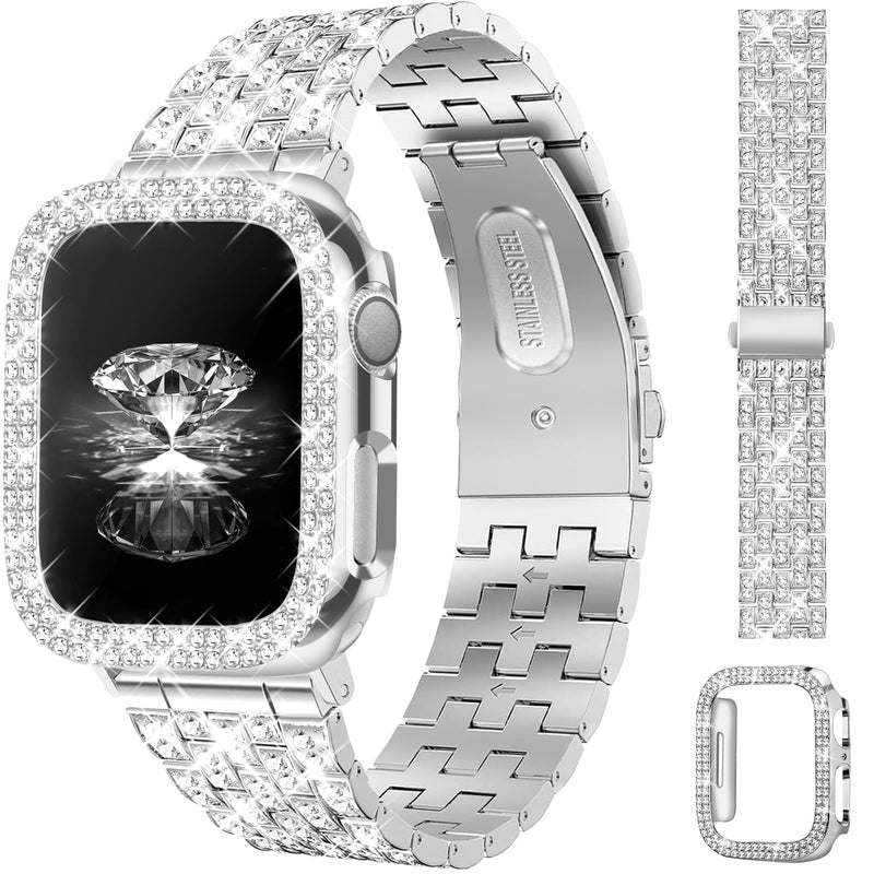 JR.DM Diamond Bands with Bling Case Trangle Stainless Steel Watch Band Bundle Compatible with Apple Watch 38mm 40mm 41mm 42mm 44mm 46mm 45mm 49mm for iWatch Series 11/10/9/8/7/6/5/4/3/2/1/SE/Ultra