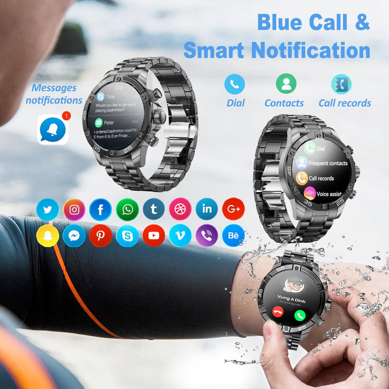 Men's Smart Watch Round HD 1.53" Gold Blue Smart Watches for Men, Multiple Sports Modes, Bluetooth Voice Call. Available for iOS and Android (Black Steel)