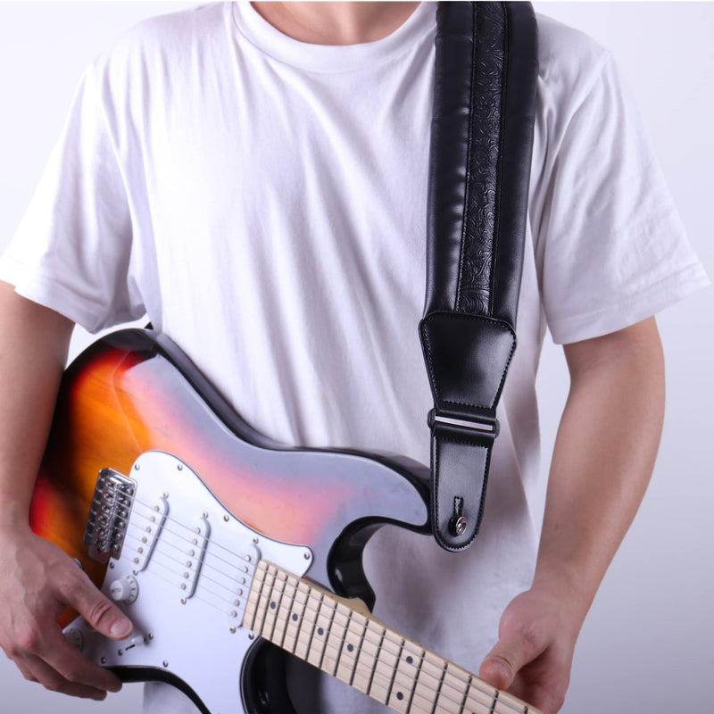 Neoprene Guitar Strap 3.4'' With Carbon Buckle, Leather Top & Back Soft For Bass, Electric Acoustic Guitar Black