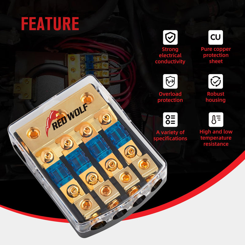 RED WOLF 2 Way & 4 Way Fuse Holder 60A, 0/2/4 Gauge In 4/8 Gauge Out Copper Fuse Distribution Block for Car Boat Trolling Motor Marine Audio Amplifier Stereo Video System 12V