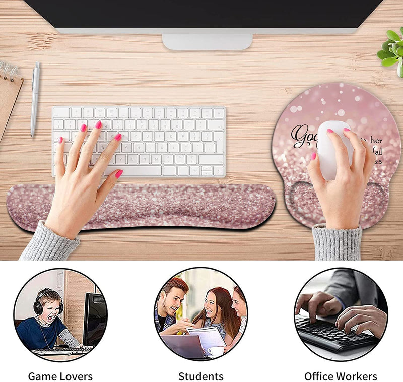 Ergonomic Mouse Pad Wrist Support Gel and Keyboard Wrist Rest Set for Laptop, Mac, Gaming and Office, Durable, Comfortable and Pain Relief + Coaster , Psalm 46:5 God is Within Her,She Will Not Fall