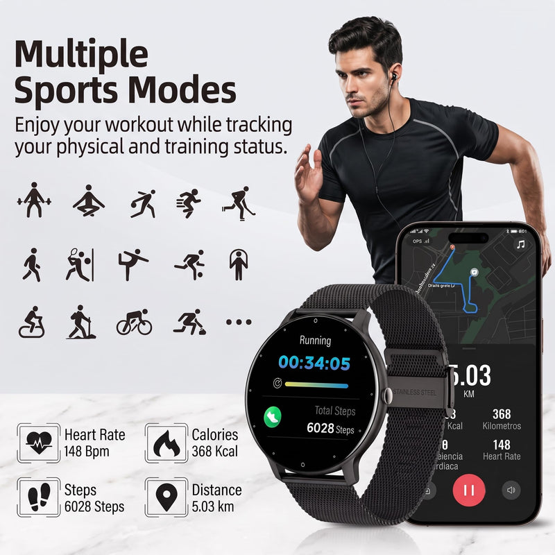 LAKEYLOYI Smart Watch Men Women (Answer/Make Calls), Fitness Watch with 100+ Sport Modes, IP67 Waterproof/Heart Rate/Sleep Monitor, Smart Watches for iOS/Android with 2 Bands Black