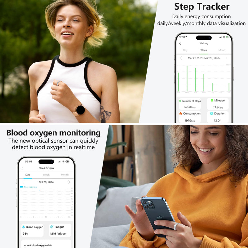 Thin Smart Ring for Fitness & Health Tracking -Pedometer,Sleep/Heart Rate/Blood Oxygen Monitor, Gesture Control / 5ATM Waterproof -No APP Subscription Compatible with Smart Phone (Silver, 12) Silver