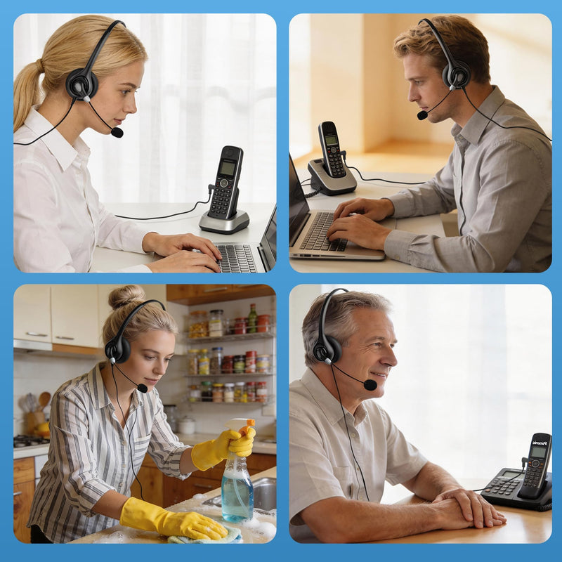 [AUSTRALIA] - Arama Cordless Phone Headset with Microphone, 2.5mm Jack Telephone Headset for Office Landline, Noise-Cancelling Mic & Volume Control, Wired Headphones Compatible with Panasonic AT&T Vtech Uniden Black 