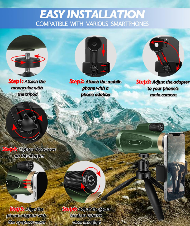 Monocular-Telescope 80x100 HD for Adults Larger Vision Monoculars High Powered Smartphone Monocular for Bird Watching Hunting Hiking Camping Wildlife Green
