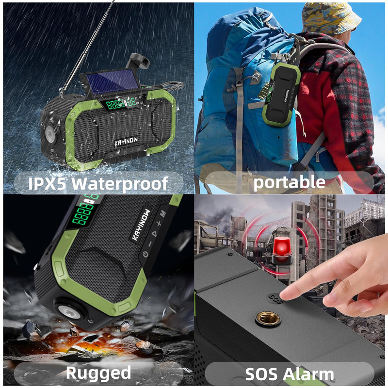 [AUSTRALIA] - Hand Crank Solar Power Emergency Radio with Waterproof Bluetooth Speaker,Portable AM FM NOAA Weather Radio,5000mAh/18500mWh Rechargeable, Phone Charger,Flashlight,SOS,Survival Storm Camping Green 