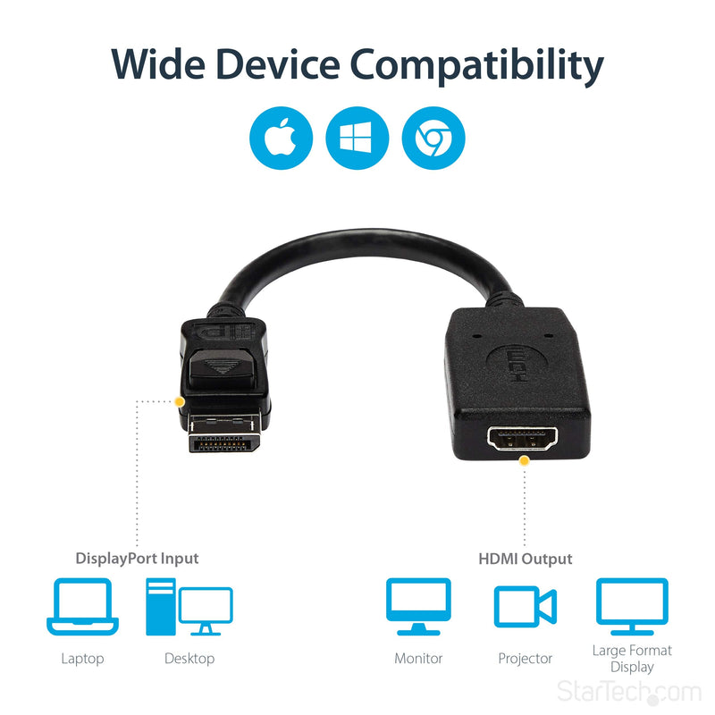 StarTech.com DisplayPort to HDMI Adapter - DP to HDMI Adapter/Video Converter - 1080p - VESA Certified - DP to HDMI Monitor/Display/Projector Adapter Dongle - Passive - Latching DP Connector (DP2HDMI) 5 inches Single