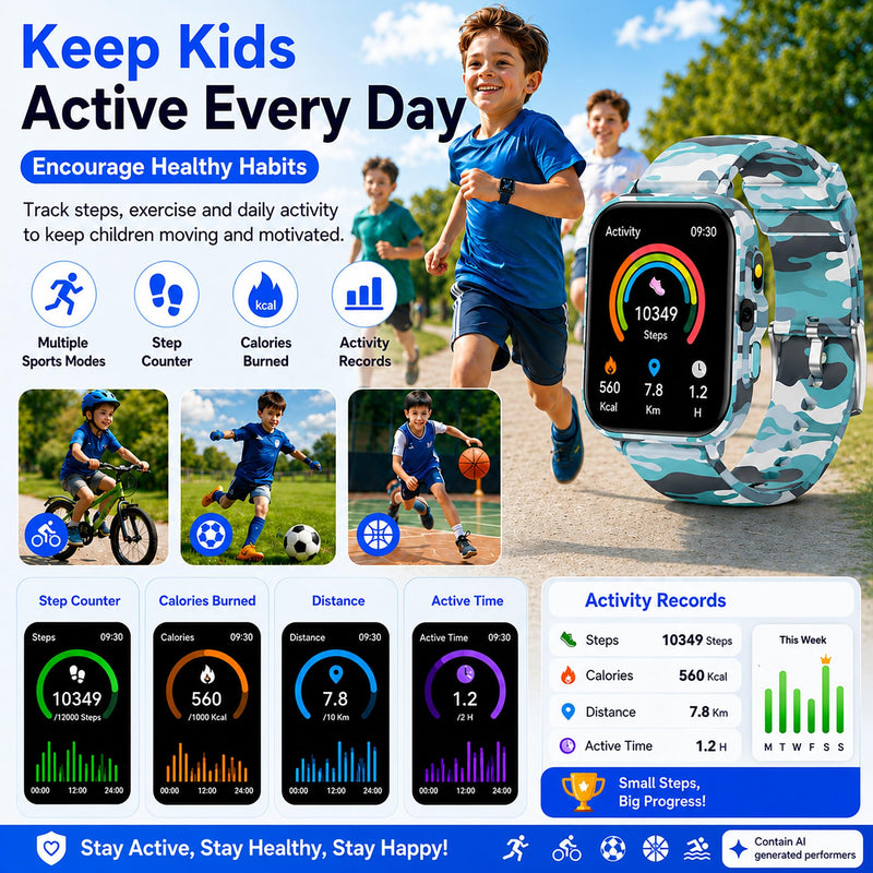 Smart Watch for Kids Boys Age 5-12, Ai Functions Games HD Touch Screen Watches with Video Camera Music Player Pedometer Heart Rate Sleep Tracker Christmas Birthday Gifts for Boys