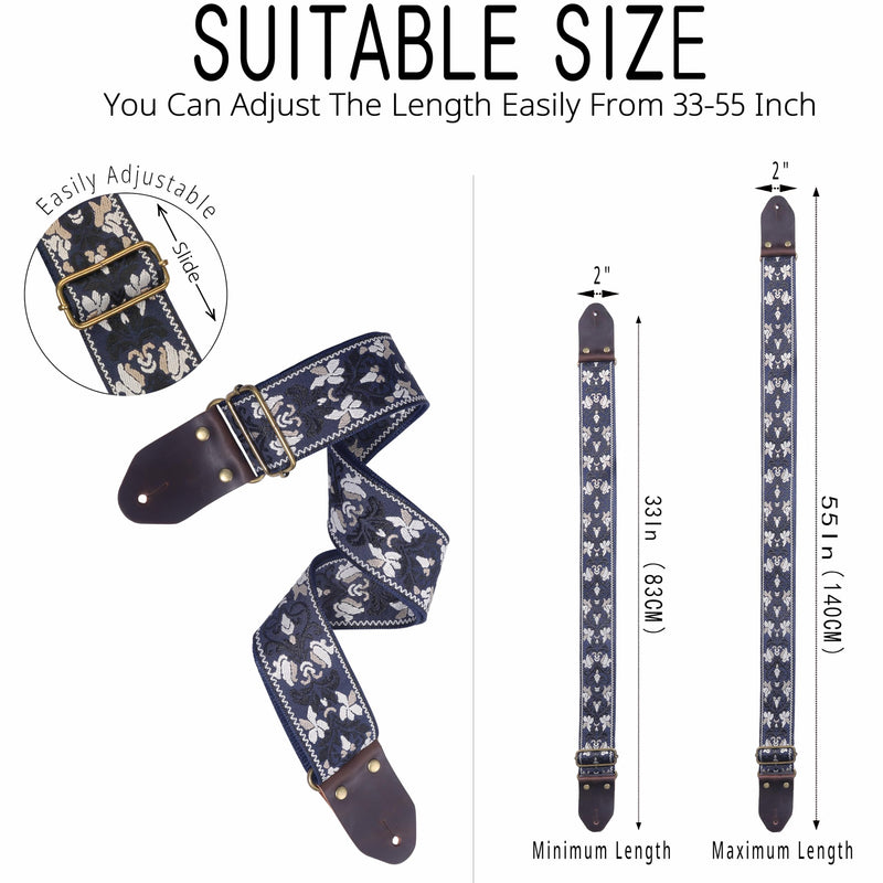 Guitar Strap,Jacquard Embroidery Cotton Guitar Straps with Crazy Horse Leather Ends for Bass, Electric & Acoustic Blue