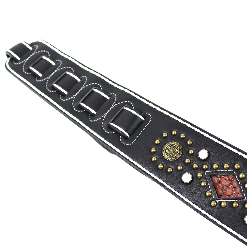 [AUSTRALIA] - Walker And Williams GTR-20-WHT Sedona Special Premium Black Padded Guitar Strap With White Stitching Brass Studs & Rivets For Acoustic, Electric, And Bass Guitars 
