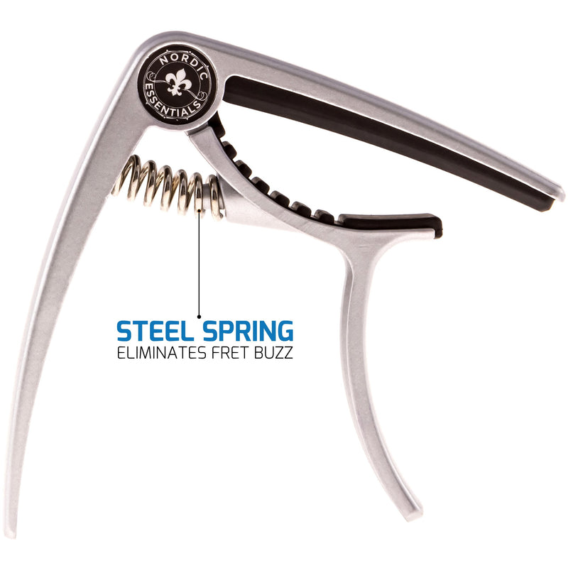 Guitar Capo Deluxe for Acoustic Guitars, Ukulele, Banjo, Mandolin, Bass - Made of Premium Quality Zinc Alloy for 6 & 12 String Instruments - Luxury Accessories by Nordic Essentials Classy Matte Silver
