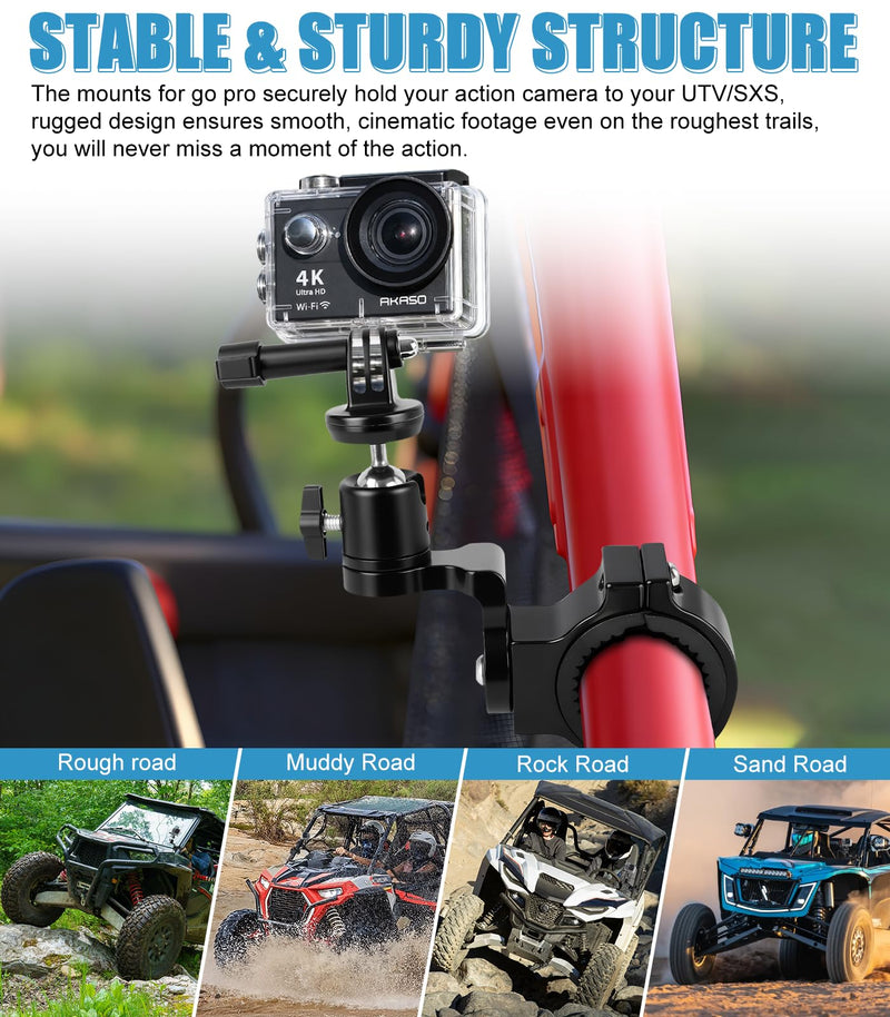 [AUSTRALIA] - UTV Aluminum Action Camera Clamp Mount Holder Fits for GoPro Hero 13 12 11 10 9 8 7 6 5 4 3 DJI Osmo Arlo Akaso EK7000 Insta360 Cams, 1-2" Roll Bar Clamps for SXS Polaris Ranger Can-Am CF Moto 