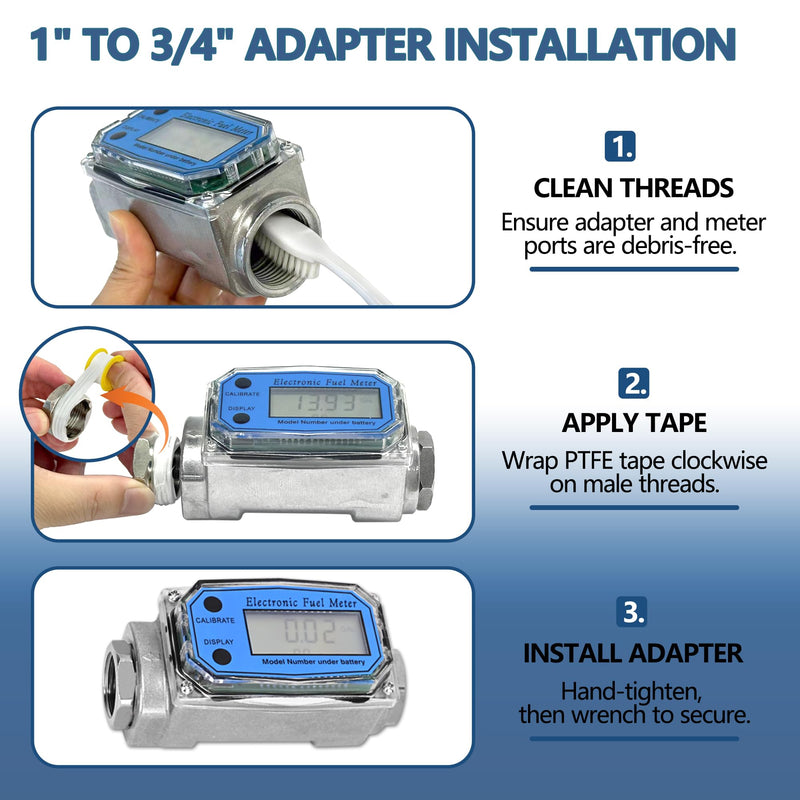 [AUSTRALIA] - 1" Turbine Fuel Flow Meter, 2.6-26 GPM Inline NPT Thread Flowmeter with 3/4" Adapters,Digital Fuel Flow Meter,for Kerosene,Biodiesel, Light Chemicals- Supports Gallon, LTR, PT, QT 1 Inch & 3/4 Inch 
