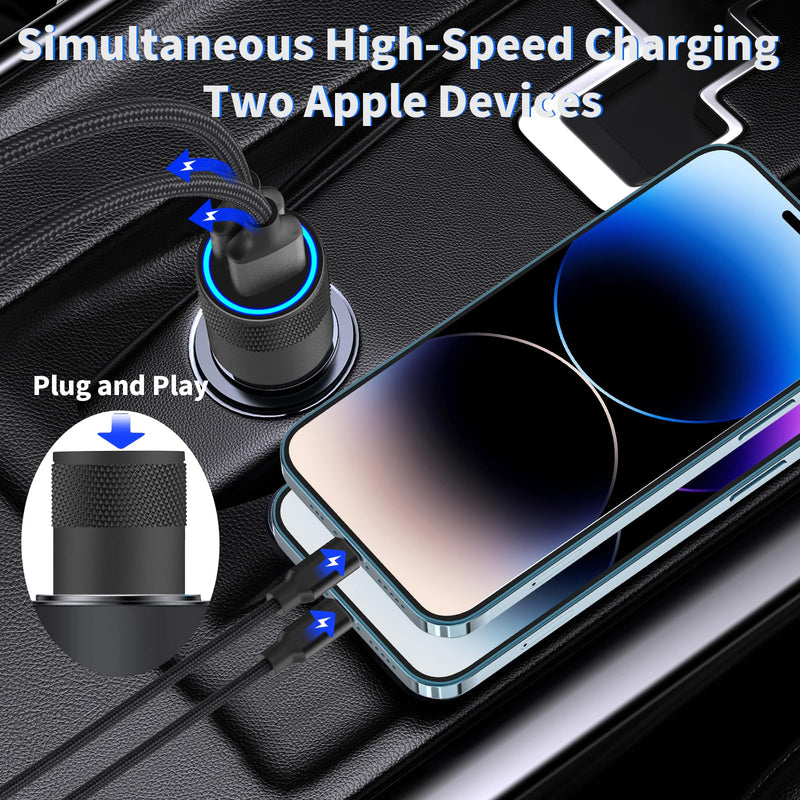 【MFi Certified】iPhone Fast Car Charger, Rombica 4.8A Dual USB Smart Power Cigarette Lighter USB Car Charger + 2Pack Lightning to USB Braided Cable for iPhone 14 13 12 11 Pro/XS Max/Mini/XR/SE/X/8/iPad Carbon Fiber Black