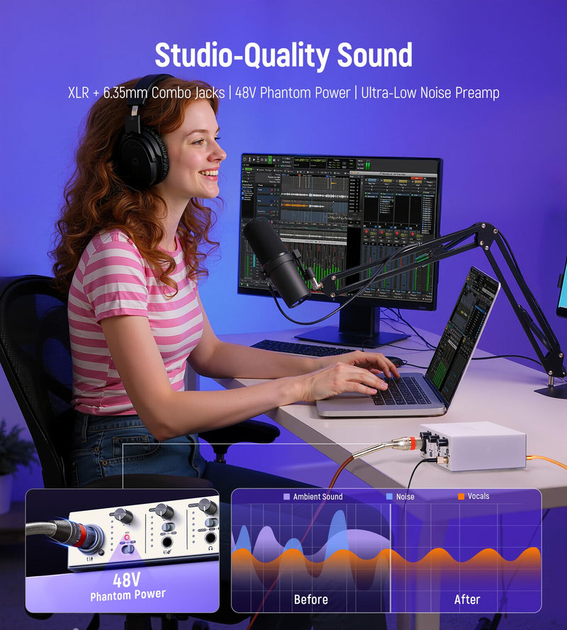 Synido Solo USB C Audio Interface for Recording Music, Streaming, Podcasting with XLR, Line Input, 24bit/48kHz, 48V Phantom Power, 2-channel, Silver Solo Audio Interafce-Silver
