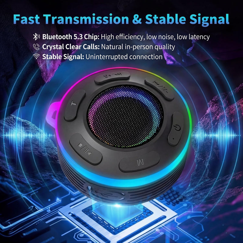[AUSTRALIA] - Portable Bluetooth Speaker with vibrant led lights, IPX6 Waterproof, Loud Stereo Sound,Hands-Free Calling/Radio, for Shower, Beach, Outdoors, Over 10 H Playtime, Mini/Small, Suction Cup & Hook 