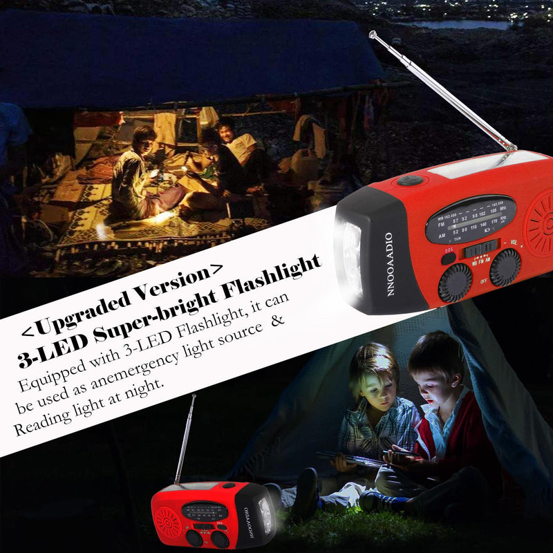 2000mAh SOS Alarm Emergency AM FM Weather Radio, 3LED Type-C Hand Crank Solar Battery Operated Portable Wind Up Radio Flashlight, Cell Phone Charger Survival Kit (Red)
