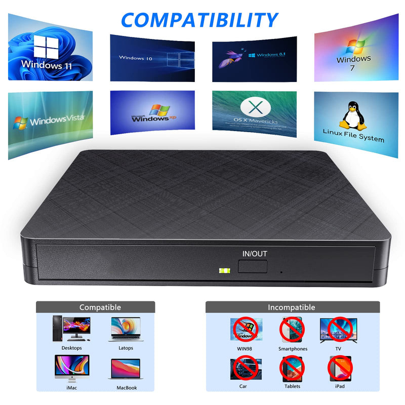 [AUSTRALIA] - HATOKU External CD/DVD Drive for Laptop (USB 3.0 & USB-C): 8X DVD/24X CD Burner Writer - Portable DVD Player for Laptop - Plug & Play External CD Drive for PC Desktop Windows 11 10 8 7 MacOS Linux Black 