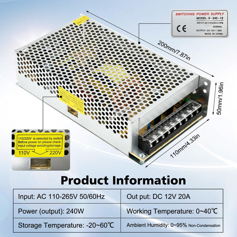 Aideepen 12 V Power Supply, 240 W 20 A LED Power Supply Adapter, LED Transformer 12 V for LED Strips, AC 110-265 V to DC 12 V 20 A 240 W Switching Power Supply 110-265V to 12V 20A