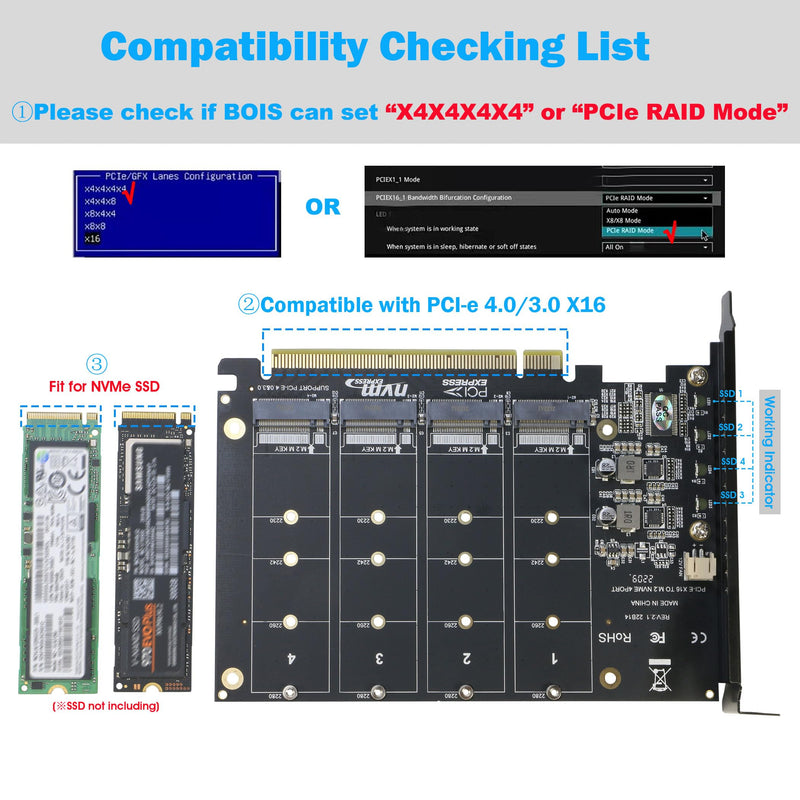 [AUSTRALIA] - Quad NVMe PCIe Adapter, RIITOP 4-Port NVMe to PCI-e 4.0/3.0 x16 Expand Controller Card with Heatsink for 2280/2260/2242/2230 M.2 NVMe SSD (PCI-e Bifurcation Required) 