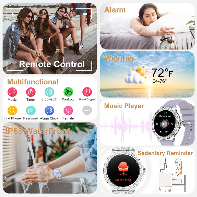 Smart Watch for Women with Diamonds (Answer/Make Call),1.32''Full Screen Smart Watch for Android /iOS,Fitness Tracker with Heart Rate/Blood Oxygen/Sleep Monitor/AI Voice Watches for Women,3 Straps Silver
