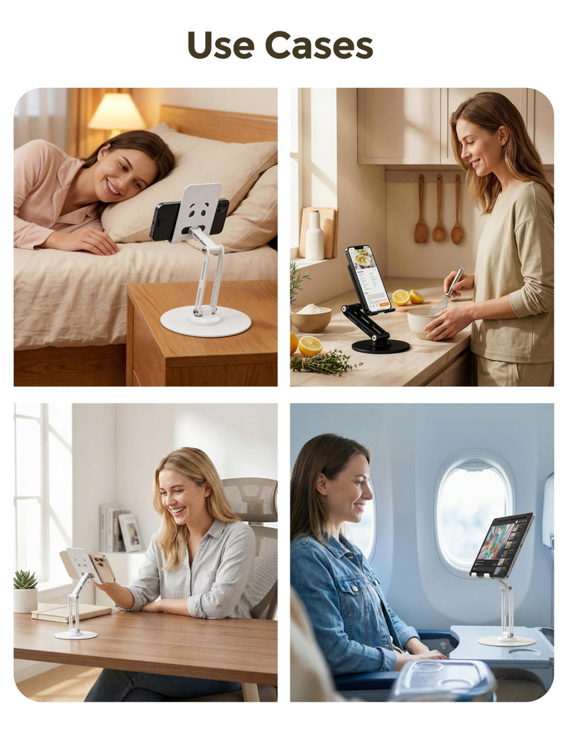 All-Metal 360° Rotating Desk Phone Stand for 4-8" Phones & Tablets | Dual-pole adjustable design, carbon steel base, anti-slip silicone pads, case-friendly, scratch resistant, heat dissipation black