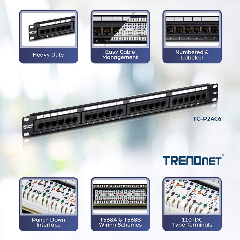 TRENDnet 24-Port Cat6 Unshielded Patch Panel, Wallmount or Rackmount, Compatible with Cat3,4,5,5e,6 Cabling, For Ethernet, Fast Ethernet, Gigabit Applications, Black, TC-P24C6 24 Port Patch Panel