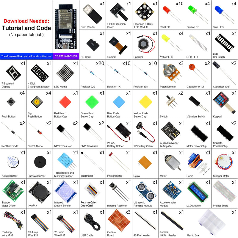 Freenove Ultimate Starter Kit for ESP32 CAM (Included), Dual-core 32-bit 240 MHz Microcontroller, Onboard Camera Wireless, Python C Java, 795-Page Detailed Tutorial, 240 Items, 122 Projects with Memory Card Slot and Card