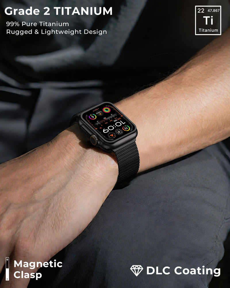 KU XIU Pure Titanium Watch Band for Apple Watch Ultra 3/2/1 & Series 42-49mm, Adjustable Metal Band with Magnetic Clasp, Premium Color Matching Stylish Mesh, Men's Smartwatch Replacement Band, Black T02- Black