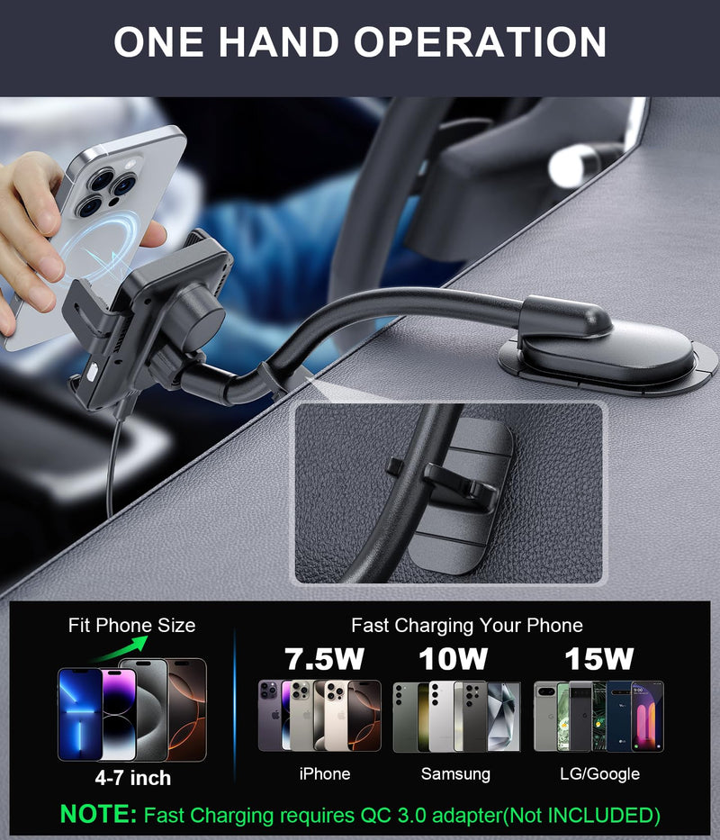 Wireless Car Charger Adjustable Gooseneck Dashboard Car Mount Fast Charging | [with Anti Shake stabilizer] Auto-Clamping Phone Holder fit for iPhone 17 16 15 14 13 12, Samsung S24 S23 S22, etc