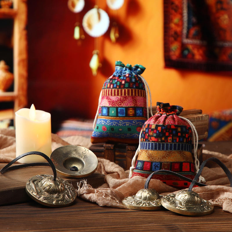 2 Pcs Tibetan Tingsha Cymbals with 2 Pcs Tibetan Drawstring Cloth Bags Meditation Chime Bells 2.56 Inch Handcrafted Meditation Accessory (2 Dragons with Bell Embossed,Red,Green) Red,Green 2 Dragons with Bell Embossed
