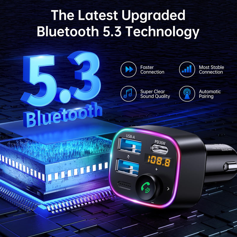 Syncwire Bluetooth 5.3 FM Transmitter Car Adapter 48W (PD 36W & 12W) [Light Switch] [HiFi Bass Sound] [Fast Charging] Wireless Radio Music Adapter LED Display Hands-Free Calling Support USB Drive Black