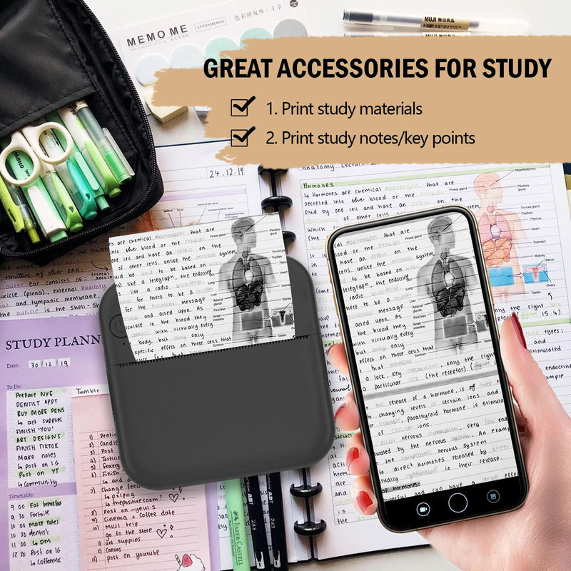 Mini Sticker Printer - Mini Pocket Printer for iPhone Thermal Printer with 10 Rolls Thermal Paper for Journal, Memo, Photo, Black