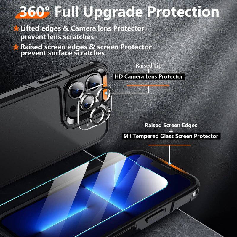Red2Fire for iPhone 13 Pro Max Case, with 2X [Glass Screen Protector + Camera Lens Protector][12 FT Military Dropproof] Rugged Heavy Duty Full-Body Shockproof Phone Case Cover 6.7 inch-Black Black