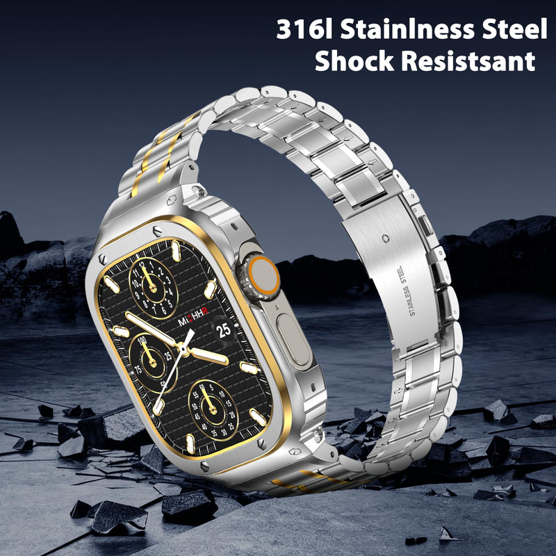 MioHHR Stainless Steel Band with Case for Apple Watch Bands Ultra 3/2/1 | Rugged Strap and Metal Protective Cover Compatible with iWatch Bands 49mm for Men Silver/Gold,Durability Silver&Gold 49mm(Ultra 3 2 1）