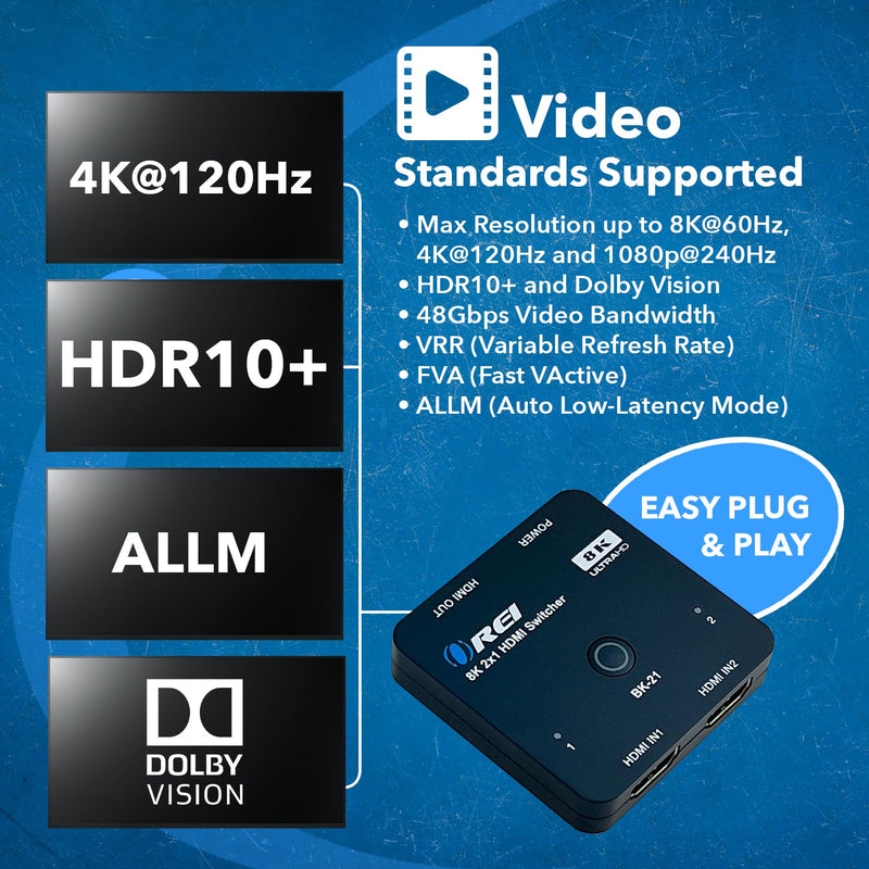 [AUSTRALIA] - OREI 8K 2x1 HDMI Switch 4K @ 120hz, Auto HDMI Selector 48Gbps High Resolution Switch Between 2 Inputs Prefect for Gaming, PS5, Xbox, HDR10, Dolby Vision 8K Switch 