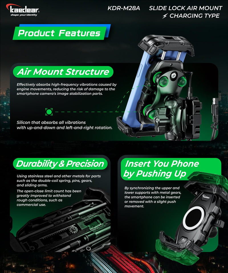 Kaedear Qi Wireless Charging Motorcycle Phone Mount, IP66, KDR-M28A | Qi wireless charging, USB charging, vibration absorption, IP66 waterproof, quick release, locking system, slide-lock design