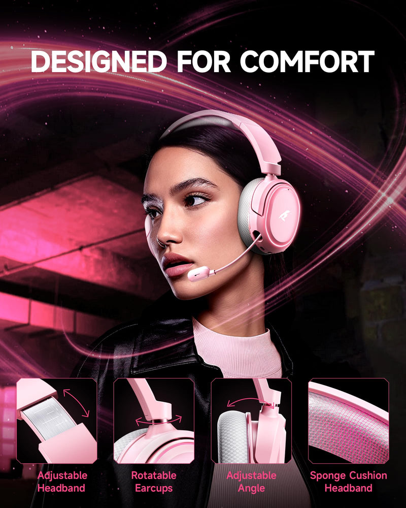 [AUSTRALIA] - Wireless Gaming Headset, 7.1 Surround Sound, 2.4GHz USB Gaming Headphones with Bluetooth 5.4, 100H Battery, ENC Noise Canceling Mic, RGB Light, Wireless Headset for PC PS5 PS4 Mac Switch (Gray-Pink) White-Pink 