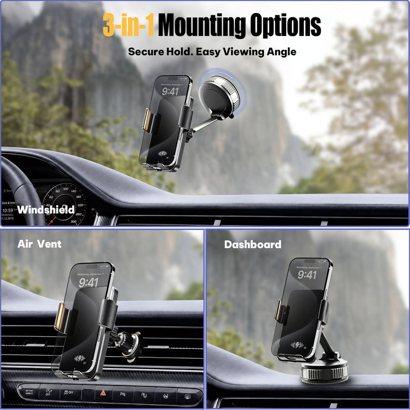 Car Phone Holder Charger, 15W Wireless Car Charger with Auto Clamp & Smart Sensor, Rotating Vacuum Suction Cup Dashboard/Windshield Phone Mount, 360° Adjustable Car Mount for iPhone, Samsung, Black for General Suction Cup PM