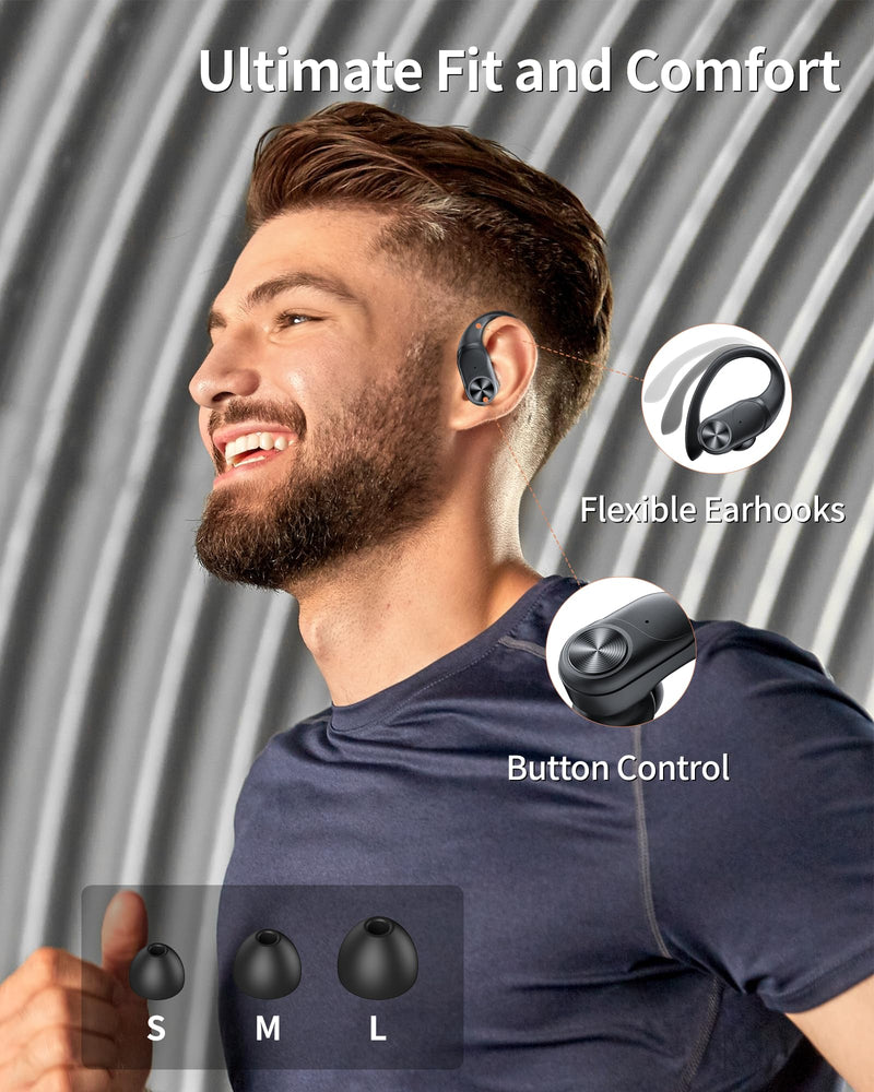 Bluetooth Headphones Wireless Earbuds 80hrs Playtime Wireless Charging Case Digital Display Sports Ear buds with Earhook Premium Deep Bass IPX7 Waterproof Over-Ear Earphones for TV Phone Laptop Black M