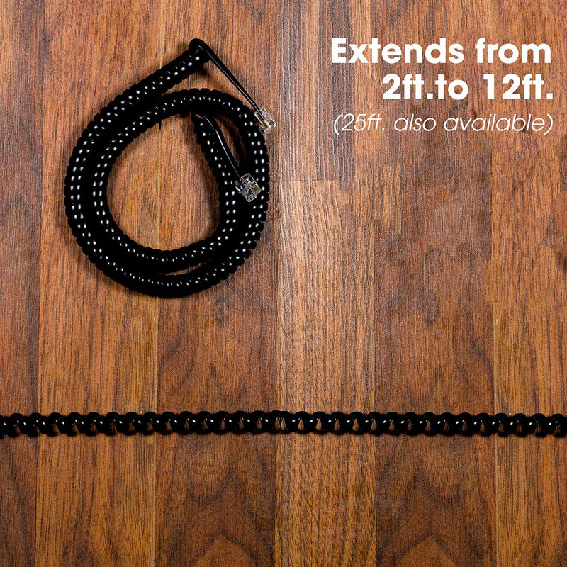 Power Gear Coiled Telephone Cord, 2 Feet Coiled, 12 Feet Uncoiled, Phone Cord works with All Corded Landline Phones, For Use in Home or Office, Black, 27639 1 Pack