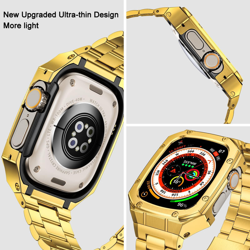 Stainless Steel Watch Band with Case Compatible with Apple Watch Ultra 49mm | BAITEYOU Rugged Metal Strap with Cover for iWatch, Ultra 3/2/1 49mm, Luxury Protective Bracelet for Men. Gold 49mm (Ultra 3 2 1）
